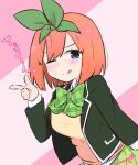  1girl ;q bangs black_jacket blue_eyes blush bow breasts closed_mouth collared_shirt commentary_request eyebrows_behind_hair go-toubun_no_hanayome green_bow green_ribbon green_skirt hair_ribbon hand_up highres jacket kujou_karasuma long_sleeves looking_at_viewer medium_breasts multicolored_hair nakano_yotsuba one_eye_closed open_clothes open_jacket pink_background pleated_skirt ribbon shirt signature skirt smile solo tongue tongue_out translation_request two-tone_hair white_shirt 