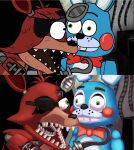  2015 angry animatronic anthro big_eyes big_teeth black_eyebrows black_eyes black_nose blue_body blue_ears bow_tie buckteeth canid canine close-up cross-eyed detailed dilated_pupils duo endoskeleton exposed_endoskeleton eye_patch eyebrows eyewear five_nights_at_freddy&#039;s five_nights_at_freddy&#039;s_2 fox green_eyes hair hi_res hook hook_hand humor lagomorph leporid long_ears machine male mammal metal metallic metallic_body multicolored_body multicolored_ears o_o open_mouth paleodraw piemations rabbit raised_arm red_body red_hair redraw robot robot_ears rosy_cheeks screencap shadow sharp_teeth short_hair standing teeth toony torn_arm torn_body toy_bonnie_(fnaf) two_tone_body video_games white_body white_ears wide_eyed wire withered withered_foxy_(fnaf) yellow_eyes 