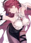  absurdres armpits black_legwear breasts closed_mouth detached_sleeves fishnet_legwear fishnets genshin_impact highres large_breasts looking_at_viewer nun red_eyes red_hair rosaria_(genshin_impact) thousand 
