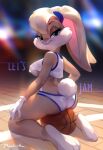  3_toes anthro barefoot basketball bedroom_eyes big_breasts blonde_hair breasts butt clothing crop_top english_text feet female gloves green_eyes hair handwear lagomorph leporid lola_bunny long_ears looking_at_viewer looking_back looney_tunes mammal narrowed_eyes ponytail_ears popodunk rabbit seductive shirt signature sitting soles solo space_jam sportswear straddling text toes topwear under_boob underwear warner_brothers 