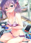  1girl absurdres bangs bare_shoulders barefoot blue_eyes blush book bookshelf bra breasts cleavage closed_mouth collarbone game_console head_tilt highres large_breasts navel nintendo_switch ogata_tei original panties playstation_controller purple_bra purple_hair purple_panties school_uniform screen_door sega_mega_drive serafuku sitting thighs underwear video_game 