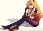  1girl blonde_hair blue_eyes bodysuit covered_navel evangelion:_3.0_you_can_(not)_redo eyepatch hair_ornament legs long_hair looking_at_viewer neon_genesis_evangelion one_eye_covered plugsuit rebuild_of_evangelion sakanasoko shadow shikinami_asuka_langley sitting souryuu_asuka_langley white_background 