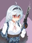  1girl blue_gloves blue_hair breasts commentary english_commentary english_text eyebrows_visible_through_hair firing fur_trim girls_frontline gloves gun hairband handgun highres holding holding_gun holding_weapon long_hair open_mouth pouch red_eyes silver_hair smoke snafu solo staring tactical_clothes thunder_(girls_frontline) triple_action_thunder vest_pouch weapon yandere 