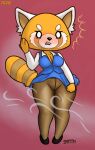 2020 aggressive_retsuko ailurid anthro big_breasts blush breasts camel_toe cleavage clothed clothing embarrassed female fur hand_on_face hand_on_head leggings legwear mammal open_mouth orange_body orange_fur panties red_background red_panda retsuko sanrio signature simple_background solo standing teeth thick_thighs underwear white_eyes wide_hips wind zaboom 