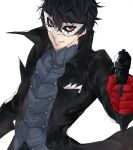  1boy amamiya_ren bangs black_coat black_hair buttons coat gloves grin gun hair_between_eyes handgun highres holding holding_weapon long_sleeves looking_at_viewer male_focus mask persona persona_5 pertex_777 pistol red_eyes red_gloves simple_background smile solo weapon 