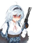  1girl blue_gloves blue_hair breasts commentary english_commentary english_text eyebrows_visible_through_hair firing fur_trim girls_frontline gloves gun hairband handgun highres holding holding_gun holding_weapon long_hair open_mouth pouch red_eyes silver_hair simple_background smoke snafu solo staring tactical_clothes thunder_(girls_frontline) triple_action_thunder vest_pouch weapon white_background yandere 