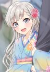  1girl :d arm_hug bangs blue_kimono blurry blurry_background blush braid braided_bangs commentary_request depth_of_field eyebrows_visible_through_hair floral_print flower furisode grey_eyes grey_hair hair_flower hair_ornament hatsumoude hisakawa_hayate idolmaster idolmaster_cinderella_girls idolmaster_cinderella_girls_starlight_stage japanese_clothes kimono long_hair long_sleeves mitsumine_raimu obi open_mouth print_kimono red_flower red_rose rose sash sleeves_past_wrists smile solo_focus upper_body wide_sleeves 