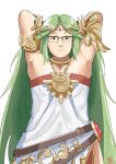  1boy armpits arms_behind_head automatic_giraffe character_request cosplay crossdressing dress glasses green_hair jewelry kid_icarus kid_icarus_uprising long_hair looking_at_viewer male_focus palutena palutena_(cosplay) smile solo upper_body white_dress 