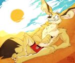  anthro boxer_briefs canid canine clothed clothing digital_media_(artwork) eliot_b_luster fennec fox fur gothwolf lying male mammal nipples smile solo teeth topless tuft underwear yellow_body yellow_fur 