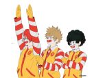  ... 3boys afro arms_up bakugou_katsuki bangs black_hair blonde_hair blue_eyes boku_no_hero_academia clown colored_skin cosplay facepaint freckles from_side gloves hands_up heterochromia jacket jin_hua male_focus mcdonald&#039;s midoriya_izuku multicolored_hair multiple_boys open_mouth parody ran_ran_ru red_eyes red_hair ronald_mcdonald ronald_mcdonald_(cosplay) short_hair simple_background striped striped_sweater sweater todoroki_shouto two-tone_hair upper_body white_background white_hair white_skin yellow_gloves yellow_jacket 