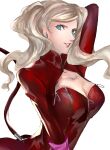  1girl arm_up bangs blonde_hair blue_eyes bodysuit boots breasts cat_tail catsuit cleavage earrings gloves hand_on_own_chest highres jewelry lips long_hair long_sleeves looking_at_viewer looking_back medium_breasts parted_lips persona persona_5 pertex_777 pink_gloves red_bodysuit red_legwear shiny simple_background solo tail takamaki_anne twintails upper_body white_background zipper 