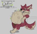  1:1 2020 abdominal_bulge anthro awoogasm belly big_belly burping canid canine canis dialogue digital_media_(artwork) flatsfag fur male mammal open_mouth oral_vore red_body red_fur simple_background solo tan_body tan_fur teeth text tongue tongue_out vore vox_(voxelcubed) wolf yellow_eyes 