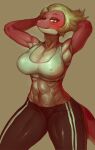  2021 abs absurd_res amphibia_(series) amphibian anthro blonde_hair bra clothing disney female hair hands_behind_head hi_res newt nipple_outline oh_thicc red_body salamander_(amphibian) solo sweatpants underwear yunnan 