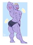  2020 abs big_muscles black_clothing black_underwear blush bulge butt clothed clothing eyes_closed glistening glistening_body hand_behind_head hi_res humanoid machoke male muscular muscular_humanoid muscular_male nekazzy nintendo nipples not_furry open_mouth open_smile pecs pok&eacute;mon pok&eacute;mon_(species) purple_body purple_skin simple_background smile solo standing tight_clothing topless underwear video_games 