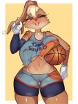  3:4 absurd_res anthro ball basketball basketball_(ball) big_breasts bodily_fluids breast_squish breasts clothed clothing female green_eyes hi_res kinokoningen lagomorph leporid lola_bunny looney_tunes mammal rabbit solo squish sweat thick_thighs under_boob warner_brothers wide_hips 