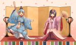  2girls black_hair blonde_hair blue_hair commentary_request fan fang folding_fan folding_screen gradient_hair green_eyes hina_ningyou japanese_clothes kantai_collection karaginu_mo kimono lamp layered_clothing layered_kimono long_hair looking_at_viewer matsuwa_(kancolle) multicolored_hair multiple_girls official_alternate_costume open_mouth red_eyes ritual_baton sado_(kancolle) skin_fang smile standing wss_(nicoseiga19993411) 