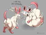  balls belly big_belly bow digestion digestion_noises duo eeveelution english_text feral fur genitals hi_res male male/male nintendo pink_body pink_fur pok&eacute;mon pok&eacute;mon_(species) raised_tail ribbons rumbling_stomach sassylebraix sylveon text thick_thighs video_games vore white_body 