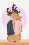 &lt;3 anthro antlers beastars black_nose blush bottomless brown_body brown_eyes butt cervid clothed clothing eyebrows grin hi_res horn jacket looking_at_viewer looking_back louis_(beastars) male mammal partially_clothed pink_clothing raised_eyebrows short_tail simple_background sitting smile smug solo spicedpopsicle topwear 
