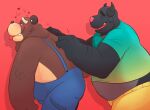  &lt;3 2021 anthro black_body blush bottomwear bovid bovine brown_body bulge cade_(the_human_heart) cattle clothing duo eyes_closed leonthelionel male mammal overweight overweight_male pants red_background scratching shirt simple_background the_human_heart_(game) topwear tyler_(the_human_heart) ursid video_games visual_novel 