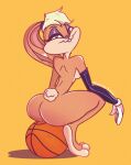  absurd_res anthro armwear basketball blonde_hair blue_eyes breasts butt clothing eyeshadow female gloves hair handwear hi_res lagomorph leporid lola_bunny looking_at_viewer looney_tunes makeup mammal mostly_nude rabbit side_boob signature simple_background sleazy_bear smile solo warner_brothers 