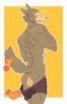  anthro anus backsack balls beastars black_clothing black_underwear blush canid canine canis cervid clothing clothing_pull disembodied_hand duo genitals grey_body hi_res legoshi_(beastars) looking_back louis_(beastars) male male/male mammal muscular raised_tail scar simple_background spicedpopsicle underwear underwear_down underwear_pull undressing wolf 