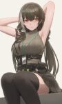 1girl absurdres armpits arms_behind_head arms_up bangs belt black_legwear black_skirt blush breasts brown_hair free_style_(yohan1754) girls_frontline grey_shirt heterochromia highres id_card lanyard large_breasts long_hair looking_to_the_side multicolored_hair pouch red_eyes ro635_(girls_frontline) shirt sitting skirt sleeveless sleeveless_shirt streaked_hair thighhighs turtleneck twintails white_hair yellow_eyes 