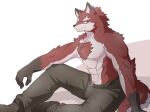  abs anthro body_hair canid canine chest_hair chest_tuft clothed clothing diederich_olsen_(knights_college) fur hi_res kanato17580 knights_college male mammal nipples no_shirt partially_clothed red_body red_fur sitting solo teacher topless topless_anthro topless_male tuft 