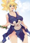  1girl blonde_hair blue_eyes breasts cloud dr._stone eyebrows_visible_through_hair hair_between_eyes holding holding_sword holding_weapon kohaku_(dr._stone) large_breasts open_mouth pink_seito shiny shiny_hair shiny_skin sky solo sword weapon 