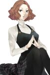 1girl black_legwear breasts brown_hair buttons collared_shirt cosplay curly_hair fingers_together highres lips long_sleeves looking_at_viewer medium_breasts medium_hair niijima_makoto niijima_makoto_(cosplay) okumura_haru pantyhose parted_lips persona persona_5 pertex_777 plaid plaid_skirt school_uniform shirt shuujin_academy_uniform simple_background sitting skirt solo white_background white_shirt 