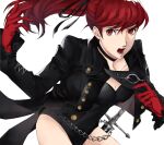  1girl black_bow black_choker black_jacket boots bow breasts chain choker cleavage gloves hair_bow hair_ribbon highres jacket leotard looking_at_viewer mask medium_breasts open_mouth parted_lips persona persona_5 persona_5_the_royal pertex_777 ponytail red_eyes red_gloves red_hair ribbon sheath simple_background solo sword thigh_boots thighhighs thighs weapon white_background yoshizawa_kasumi 