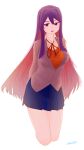  1girl :d absurdres arms_behind_back blue_skirt collared_shirt colored_inner_hair doki_doki_literature_club grey_jacket hair_between_eyes hair_ornament hairclip highres jacket kneeling long_hair looking_at_viewer miniskirt multicolored_hair neck_ribbon open_mouth orange_vest pleated_skirt purple_eyes purple_hair red_hair red_neckwear red_ribbon ribbon ryusei_hashida shirt signature simple_background skirt smile solo very_long_hair vest white_background white_shirt wing_collar yuri_(doki_doki_literature_club) 