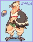  2017 3_toes absurd_res accipitrid accipitriform ambiguous_gender anthro avian beak bearded_vulture biped bird black_body black_claws black_feathers blue_background border bottomwear character_name claws clothed clothing color_swatch digital_media_(artwork) digitigrade fan_character feather_hands feathered_wings feathers feet full-length_portrait green_eyes grey_beak grey_body grey_feathers grey_feet hi_res midriff model_sheet multicolored_body multicolored_feathers nintendo old_world_vulture portrait purple_border red_sclera rito shirt signature simple_background smile solo standing tan_body tan_feathers tank_top text the_legend_of_zelda thick_thighs toe_claws toes topwear video_games vulture watermark white_body white_feathers wide_hips wings zannathedragon zohne_(zannathedragon) 
