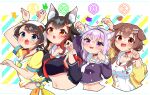  4girls :3 :d ahoge animal_collar animal_ears arms_up backwards_hat bangs bare_shoulders baseball_cap black_hair black_shirt black_skirt blue_eyes blush bone_hair_ornament bow bracelet braid breasts brown_eyes brown_hair buttons cat_ears cat_girl cat_tail choker classroom claw_pose cleavage closed_eyes closed_mouth collar crop_top detached_sleeves dog_ears dog_girl dog_tail dress eyebrows_visible_through_hair fang fangs gift_bag hair_between_eyes hair_bow hair_ornament hairclip hands_up hat headband highres hololive inugami_korone jacket jewelry large_breasts leaf letter long_hair long_sleeves looking_at_viewer low_twin_braids low_twintails midriff moon multicolored multicolored_eyes multiple_girls navel necktie nekomata_okayu ookami_mio oozora_subaru open_mouth paw_pose pleated_skirt ponytail purple_eyes purple_hair red_collar rope sailor_collar shimenawa shirt short_dress short_hair short_sleeves side_slit sidelocks simple_background skirt smile striped striped_shirt tail tied_shirt twin_braids twintails v-shaped_eyebrows vertical-striped_shirt vertical_stripes virtual_youtuber white_dress white_neckwear wolf_ears wolf_girl yellow_jacket yellow_shirt yukito_(hoshizora) 