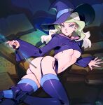  1girl ankle_boots ass black_choker blue_eyes book boots breasts choker cropped_hoodie diana_cavendish english_commentary eyeshadow fingernails garter_belt garter_straps grey_hair highres hood hood_down hoodie light_green_hair little_witch_academia long_hair looking_at_viewer lying makeup medium_breasts multicolored_hair navel no_pants on_side optionaltypo pinky_out purple_footwear purple_garter_belt purple_garter_straps purple_hoodie purple_legwear purple_sleeves purple_theme ribbon_choker solo thighhighs too_many too_many_books two-tone_hair underboob wand wide_sleeves witch 