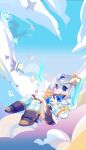  1girl :3 amane_kanata angel_wings blue_eyes blue_hair boots chibi cloud colored_inner_hair commentary dragon flying halo highres hololive kiryu_coco_(dragon) multicolored_hair short_hair silver_hair skirt sky star_(symbol) streaked_hair virtual_youtuber wings xyzal 