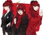  1girl arm_up black_bow black_ribbon black_suit bow breasts brown_coat buttons closed_mouth coat hair_bow hair_ribbon highres lips long_hair one_eye_closed open_mouth persona persona_5 persona_5_the_royal pertex_777 ponytail red_background red_bow red_coat red_eyes red_hair red_ribbon red_scarf ribbon scarf school_uniform shirt shuujin_academy_uniform simple_background solo spoilers waving white_shirt yoshizawa_kasumi 