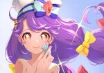  1girl bare_shoulders blue_background bow bow_earrings choker collarbone cure_coral earrings eriko gradient gradient_background hair_bow hat heart_facial_mark highres jewelry long_hair looking_at_viewer low_tied_hair low_twintails magical_girl makeup multiple_hair_bows orange_eyes pink_bow precure purple_hair sailor_hat smile solo suzumura_sango symbol_in_eye tropical-rouge!_precure twintails upper_body white_headwear yellow_bow 