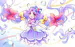  1girl :d blush bow bow_earrings bubble choker cure_coral dress earrings fingerless_gloves full_body gloves hair_bow hat heart heart_facial_mark index_finger_raised jewelry kyoutsuugengo long_hair looking_at_viewer low_tied_hair magical_girl multiple_hair_bows open_mouth precure purple_dress purple_hair round_teeth sailor_hat smile solo suzumura_sango teeth tropical-rouge!_precure twintails underwater very_long_hair white_gloves yellow_bow yellow_eyes 
