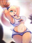  1girl animal_ears armpits arms_up ball basketball blush body_fur breasts bunny_ears clothes_writing commentary english_commentary furry gloves green_eyes highres holding holding_ball large_breasts lola_bunny looney_tunes midriff navel one_eye_closed open_mouth solo space_jam stomach sweat teeth upper_teeth white_gloves whooo-ya 