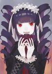  1girl :d bangs black_hair black_jacket black_nails blunt_bangs bonnet card celestia_ludenberg commentary_request danganronpa:_trigger_happy_havoc danganronpa_(series) drill_hair eyebrows_visible_through_hair fingernails frilled_sleeves frills gothic_lolita hairband hands_up highres holding holding_playing_card isu_(osushi_1225) jacket lolita_fashion lolita_hairband long_hair long_sleeves looking_at_viewer nail_polish open_mouth playing_card red_eyes simple_background smile solo teeth twin_drills twintails twitter_username upper_body 