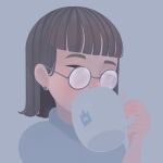  1girl bangs blunt_bangs brown_hair choomoranma covering_mouth cup earrings glasses grey_background highres holding holding_cup jewelry mug original portrait round_eyewear short_hair simple_background solo 