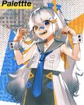  1girl bangs blue_eyes blue_neckwear earrings grey_sailor_collar hair_between_eyes hair_ornament hairclip halftone hands_up heterochromia highres ishida_(segu_ishida) jewelry necktie open_mouth orange_eyes original sailor_collar sleeveless smile solo upper_body 