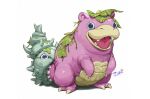  blue_eyes closed_mouth english_commentary fangs full_body gen_1_pokemon justinchans leaf looking_at_viewer no_humans open_mouth pokemon pokemon_(creature) signature simple_background slowbro standing teeth white_background 
