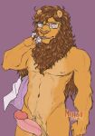  2021 anthro athletic athletic_anthro athletic_male beastars big_penis brown_hair cigarette clothing erection eyewear felid front_view fur genitals glasses hair holding_clothing holding_object humanoid_genitalia humanoid_penis ibuki_(beastars) lion male mammal mane mature_male nude pantherine penis portrait solo thorso_the_vile three-quarter_portrait yellow_body yellow_fur 