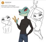  2021 amphibian anthro frog girly glacierclear green_body green_skin hand_in_pocket long_tongue male pockets red_sclera solo tongue tongue_out turtleneck 