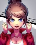  1girl :d artist_name asahina_aoi bangs blue_eyes breasts brown_hair cleavage collarbone danganronpa:_trigger_happy_havoc danganronpa_(series) dark_skin dark_skinned_female datcravat english_commentary grey_background hair_ornament hairclip hands_up happy highres jacket large_breasts long_sleeves looking_at_viewer open_mouth ponytail portrait red_jacket shirt short_hair smile solo upper_body upper_teeth white_shirt 