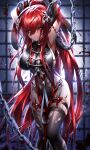  1girl arms_up bangs been black_gloves black_legwear black_panties blood blood_splatter blurry blurry_foreground breasts chain clenched_teeth elbow_gloves elesis_(elsword) elsword eyebrows_visible_through_hair floating_hair garter_straps gloves hair_between_eyes high_ponytail highres large_breasts long_hair looking_at_viewer panties red_hair restrained shiny shiny_hair sideboob solo standing teeth thighhighs torn_clothes torn_legwear underwear v-shaped_eyebrows very_long_hair yellow_eyes 