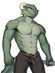  2020 abs anthro argonian belt bethesda_softworks biceps bottomwear clothed clothing derkeethus green_body green_scales grin hi_res holding_object horn jrjresq male muscular muscular_anthro muscular_male open_mouth pants pecs portrait scales scalie sharp_teeth simple_background smile solo spikes spikes_(anatomy) standing teeth the_elder_scrolls three-quarter_portrait topless triceps video_games white_background 