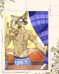  2020 5_fingers anthro arm_tuft beastars black_nose bottomwear brown_body brown_fur canid canine canis chest_tuft claws clothed clothing coyote curtains digital_media_(artwork) durham_(beastars) elbow_tufts fangs finger_claws fingers fur gothwolf hand_on_glass hi_res humanoid_hands hyaenid inner_ear_fluff male mammal miguno_(beastars) navel nipples on_glass open_mouth pajama_pants pants pawpads photo pubes shoulder_tuft signature solo spotted_hyena tailwag teeth tongue topless topless_male tuft wide_eyed window 
