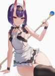 1girl adapted_costume alternate_costume apron bob_cut breasts commentary enmaided eyeliner fate/grand_order fate_(series) highres horns maid maid_apron maid_headdress makeup oni oni_horns oni_noodle pointy_ears purple_eyes purple_hair short_hair shuten_douji_(fate) sideboob small_breasts smile solo symbol_commentary wide_hips 